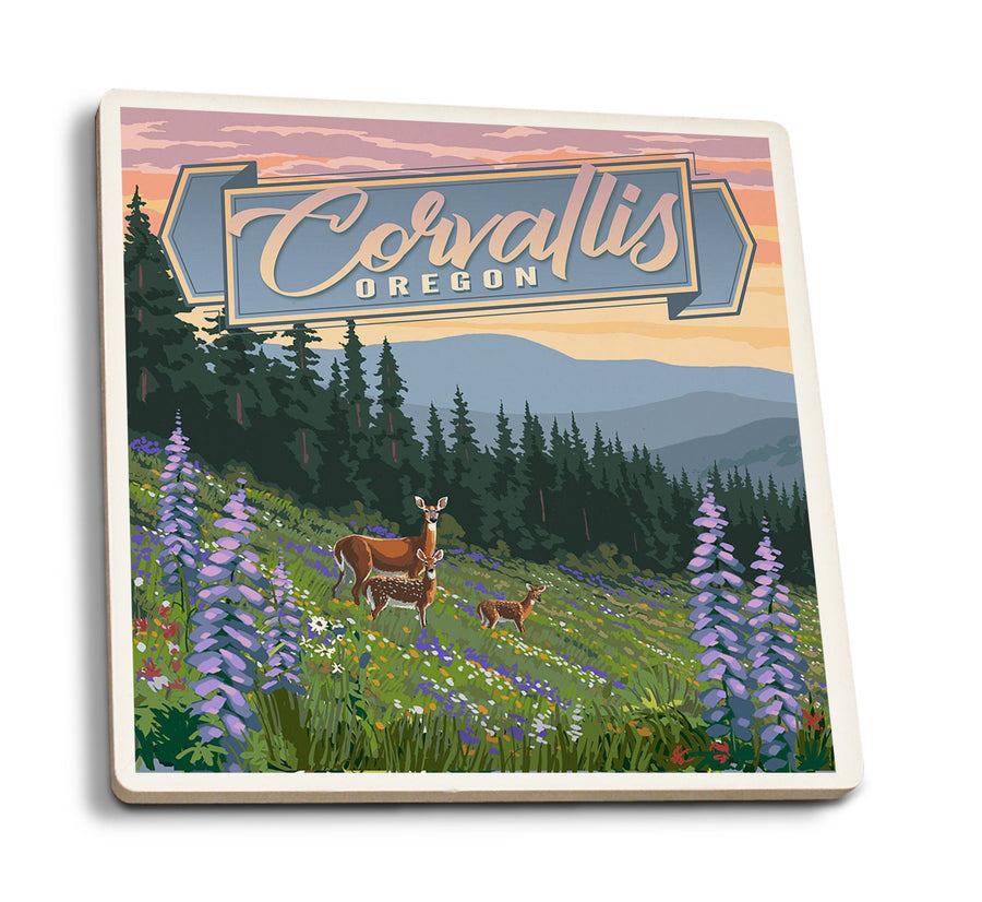 Corvallis, Oregon, Deer & Spring Flowers, Lantern Press Artwork, Coaster Set Coasters Lantern Press 