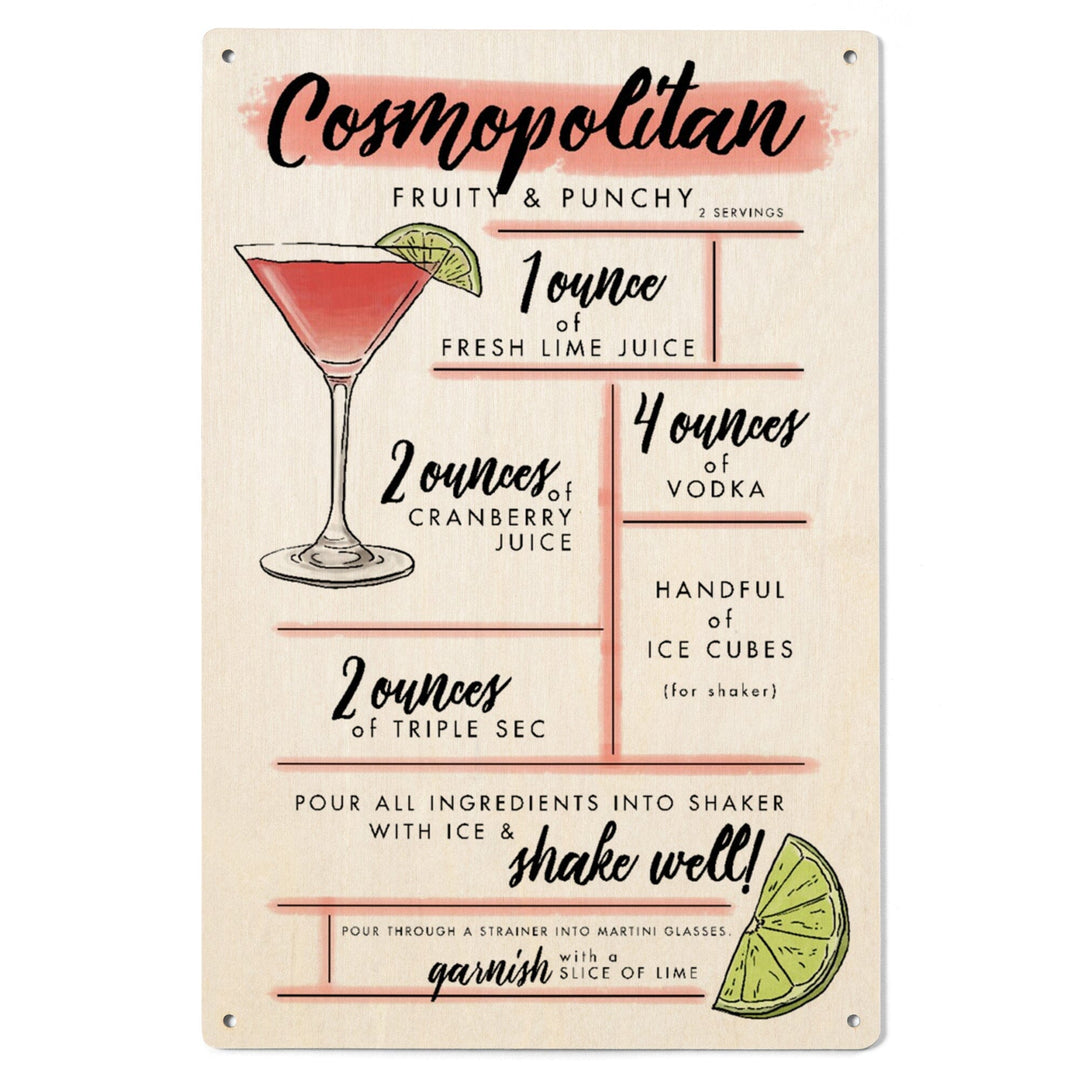 Cosmopolitan, Cocktail Recipe, Lantern Press Artwork, Wood Signs and Postcards Wood Lantern Press 