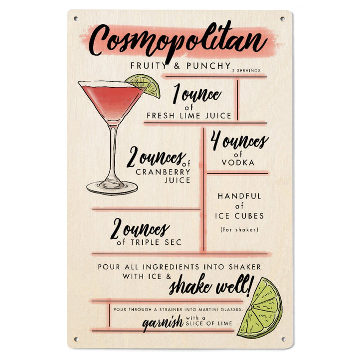 Cosmopolitan, Cocktail Recipe, Lantern Press Artwork, Wood Signs and Postcards Wood Lantern Press 