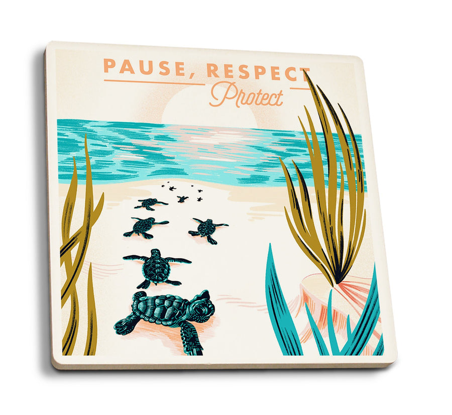 Courageous Explorer Collection, Turtles on Beach, Pause Respect Protect, Coaster Set Coasters Lantern Press 