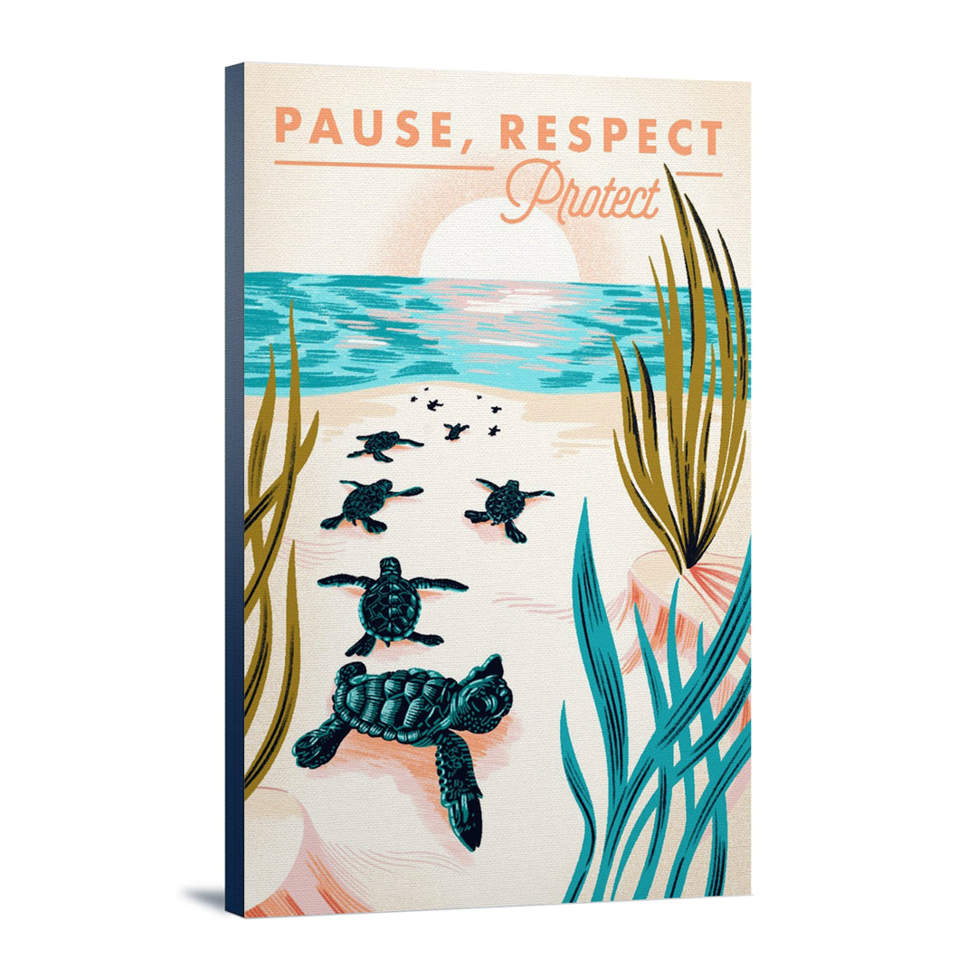 Courageous Explorer Collection, Turtles on Beach, Pause Respect Protect, Stretched Canvas Canvas Lantern Press 12x18 Stretched Canvas 