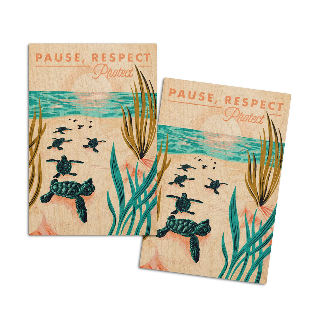 Courageous Explorer Collection, Turtles on Beach, Pause Respect Protect, Wood Signs and Postcards Wood Lantern Press 4x6 Wood Postcard Set 
