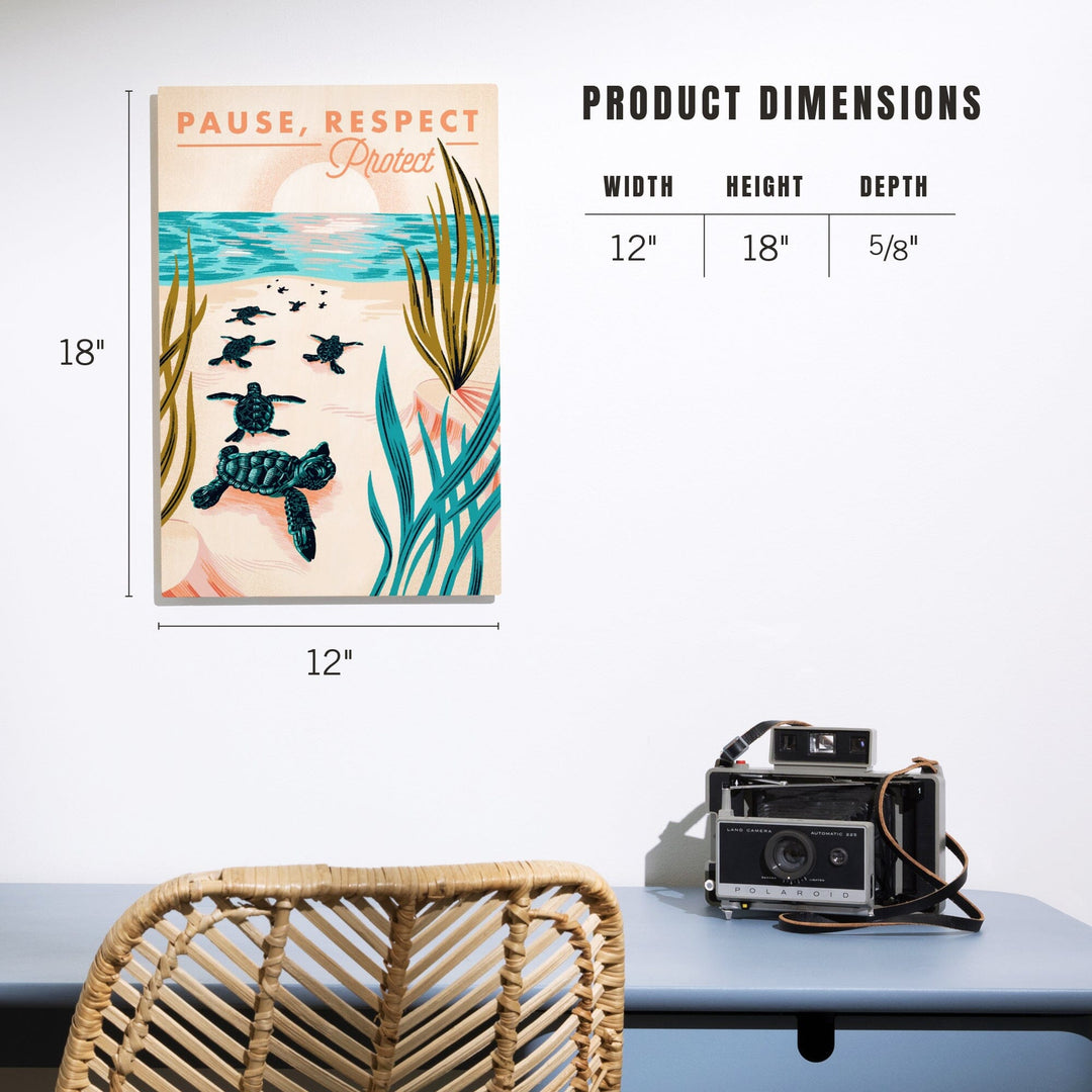 Courageous Explorer Collection, Turtles on Beach, Pause Respect Protect, Wood Signs and Postcards Wood Lantern Press 