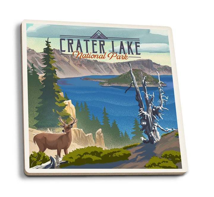 Crater Lake National Park, Lithograph National Park Series, Lantern Press Artwork, Coaster Set Coasters Lantern Press 
