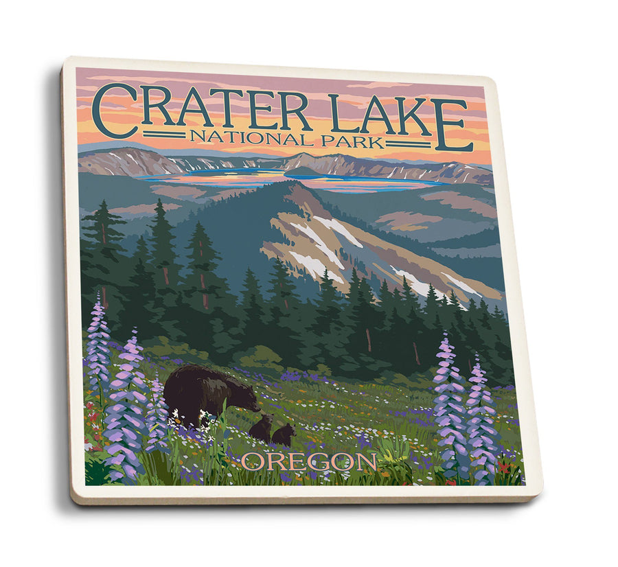 Crater Lake National Park, Oregon, Bear and Spring Flowers, Lantern Press Artwork, Coaster Set Coasters Lantern Press 