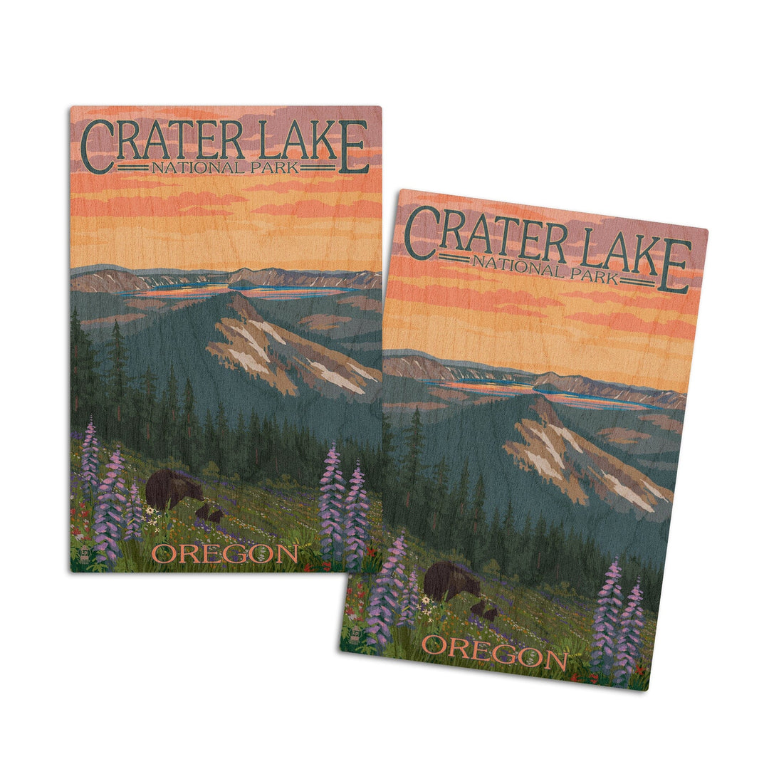 Crater Lake National Park, Oregon, Bear and Spring Flowers, Lantern Press Artwork, Wood Signs and Postcards Wood Lantern Press 4x6 Wood Postcard Set 