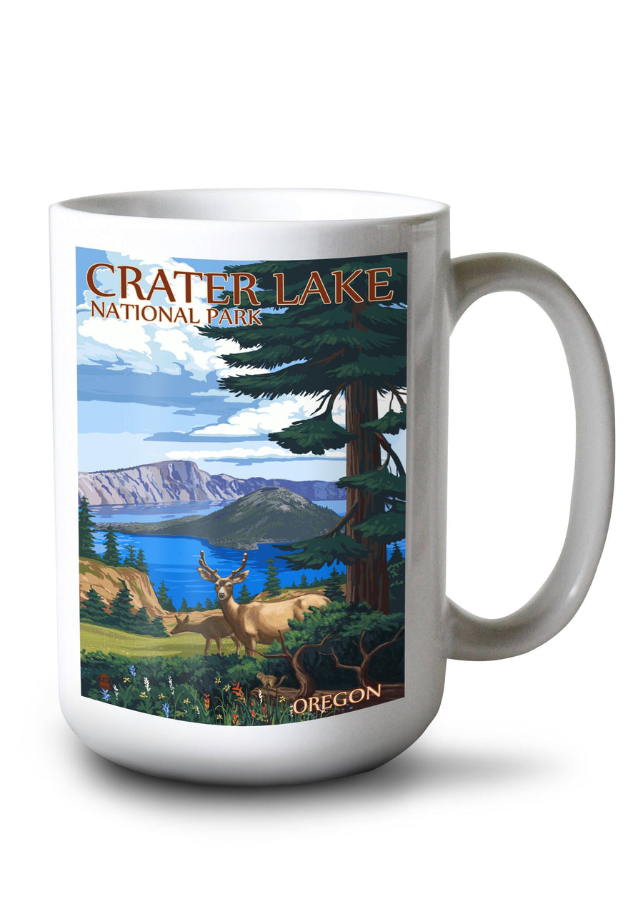 Crater Lake National Park, Oregon, Deer Family, Lantern Press Artwork, Ceramic Mug Lifestyle-Mug Lantern Press 