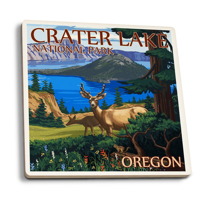 Crater Lake National Park, Oregon, Deer Family, Lantern Press Artwork, Coaster Set Coasters Lantern Press 