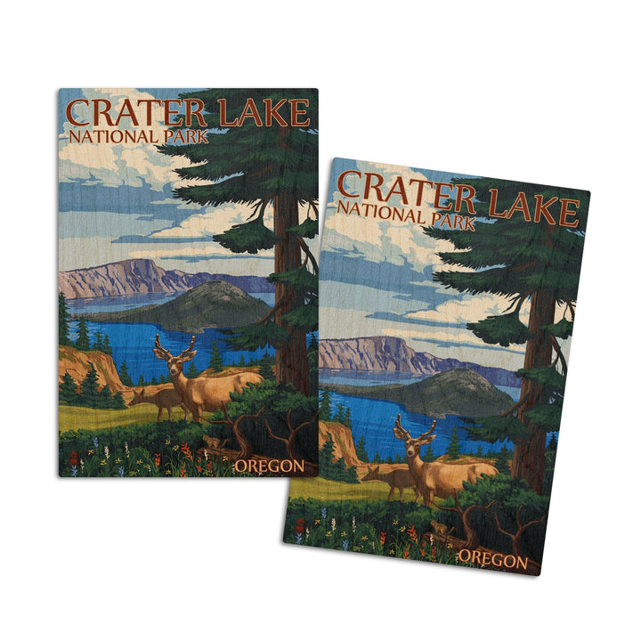 Crater Lake National Park, Oregon, Deer Family, Lantern Press Artwork, Wood Signs and Postcards Wood Lantern Press 4x6 Wood Postcard Set 