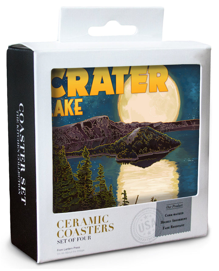 Crater Lake National Park, Oregon, Lake & Full Moon, Lantern Press Artwork, Coaster Set Coasters Lantern Press 