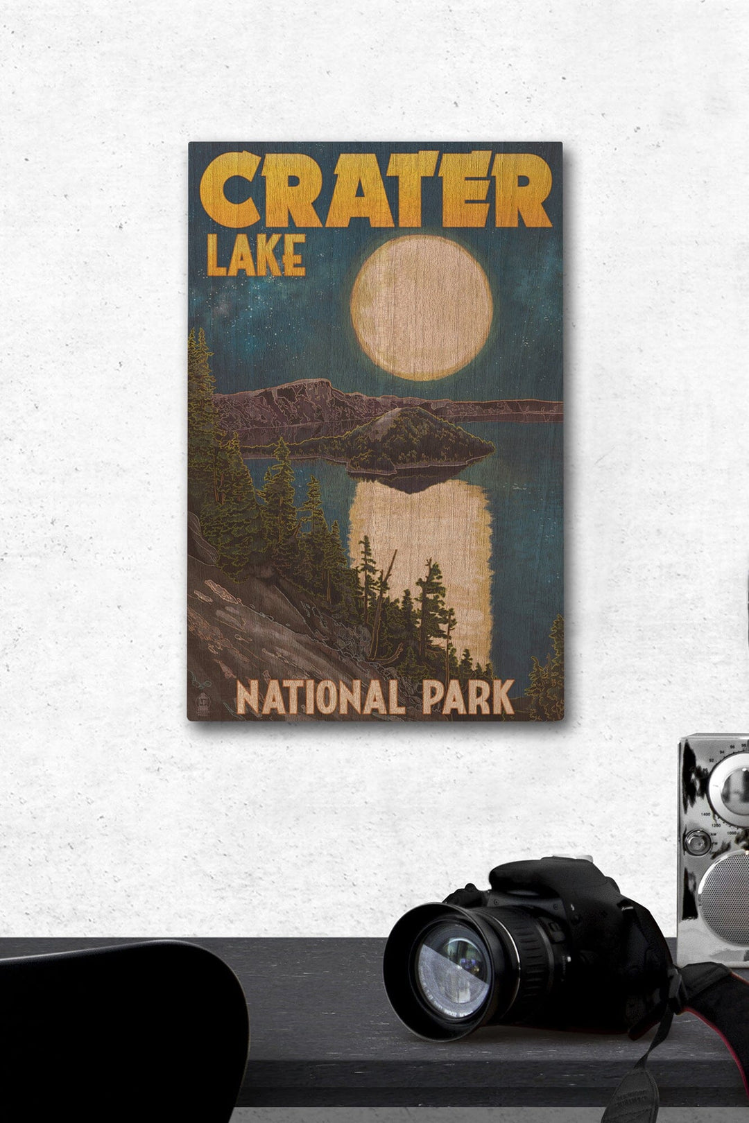 Crater Lake National Park, Oregon, Lake & Full Moon, Lantern Press Artwork, Wood Signs and Postcards Wood Lantern Press 12 x 18 Wood Gallery Print 