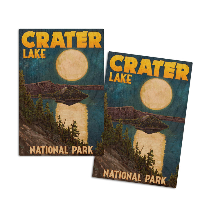Crater Lake National Park, Oregon, Lake & Full Moon, Lantern Press Artwork, Wood Signs and Postcards Wood Lantern Press 4x6 Wood Postcard Set 