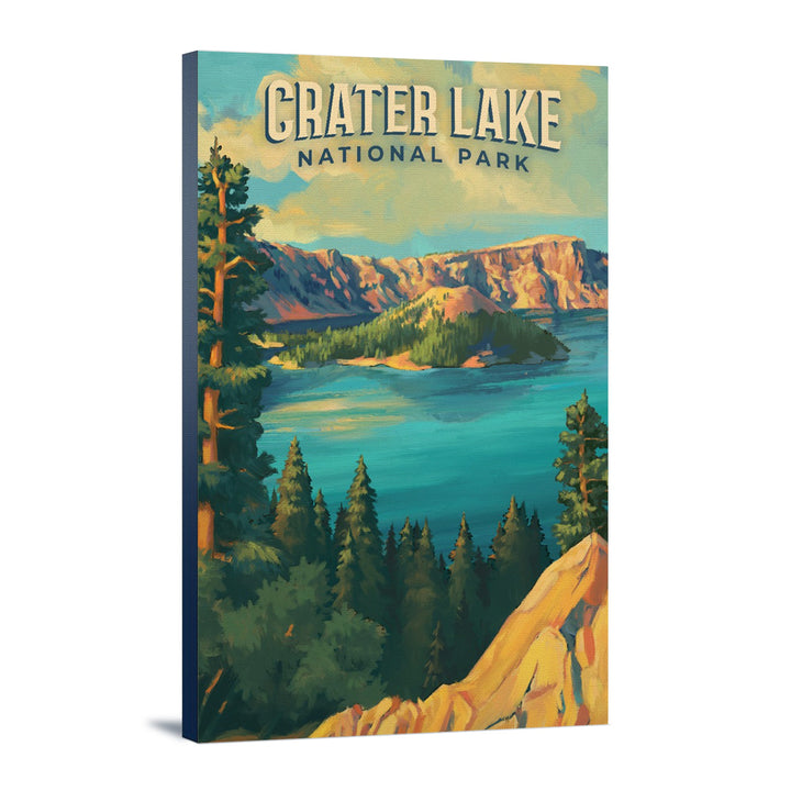 Crater Lake National Park, Oregon, Oil Painting National Park Series, Lantern Press Artwork, Stretched Canvas Canvas Lantern Press 12x18 Stretched Canvas 