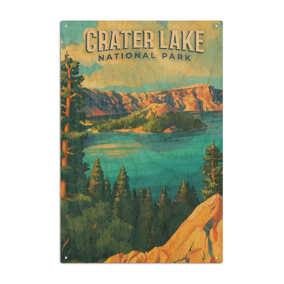 Crater Lake National Park, Oregon, Oil Painting National Park Series, Lantern Press Artwork, Wood Signs and Postcards Wood Lantern Press 10 x 15 Wood Sign 