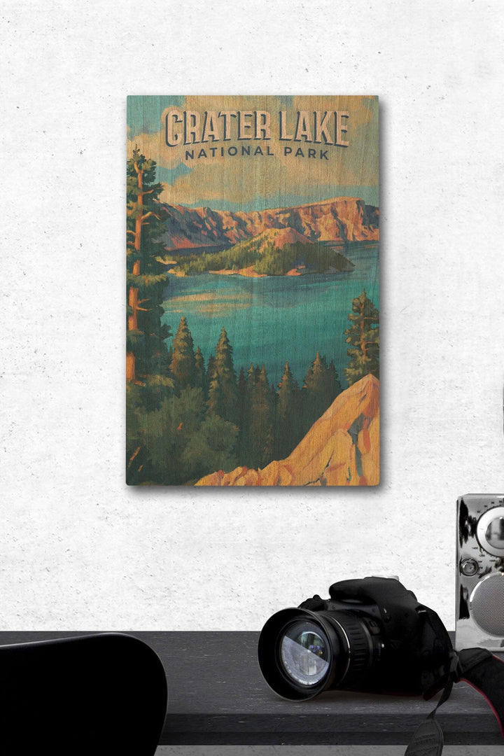 Crater Lake National Park, Oregon, Oil Painting National Park Series, Lantern Press Artwork, Wood Signs and Postcards Wood Lantern Press 12 x 18 Wood Gallery Print 