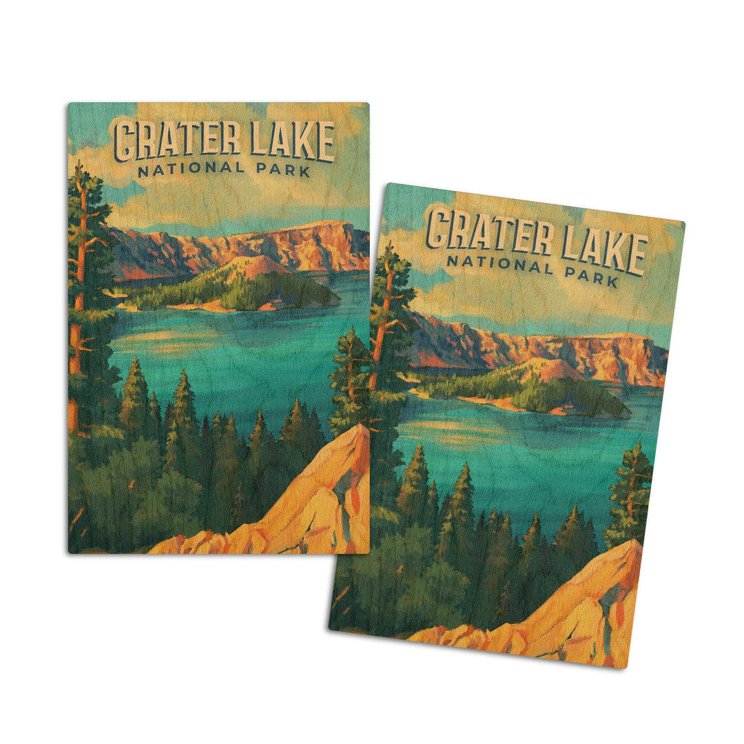 Crater Lake National Park, Oregon, Oil Painting National Park Series, Lantern Press Artwork, Wood Signs and Postcards Wood Lantern Press 4x6 Wood Postcard Set 