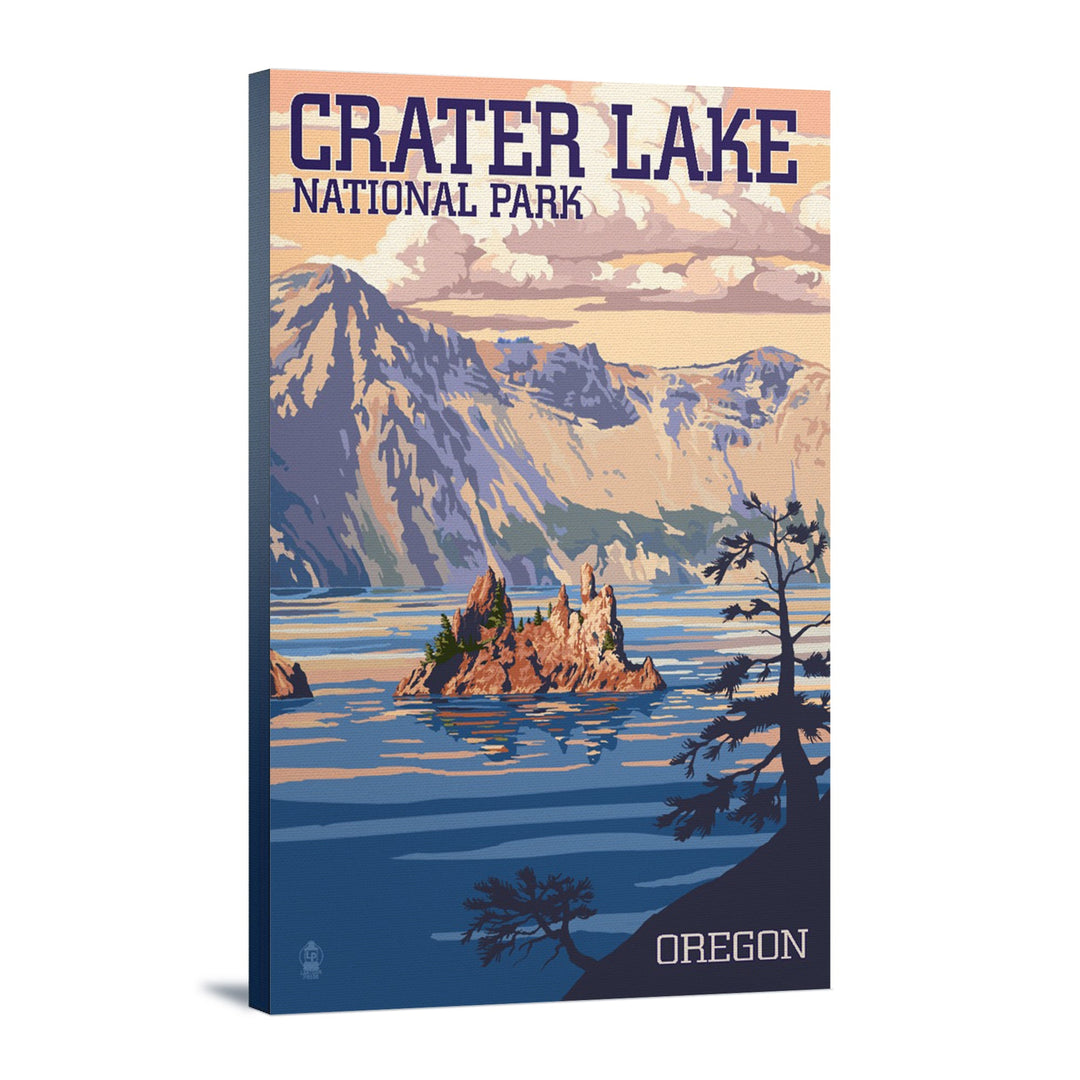Crater Lake National Park, Oregon, Shoreline & Sunset, Painterly National Park Series, Lantern Press Artwork, Stretched Canvas Canvas Lantern Press 12x18 Stretched Canvas 