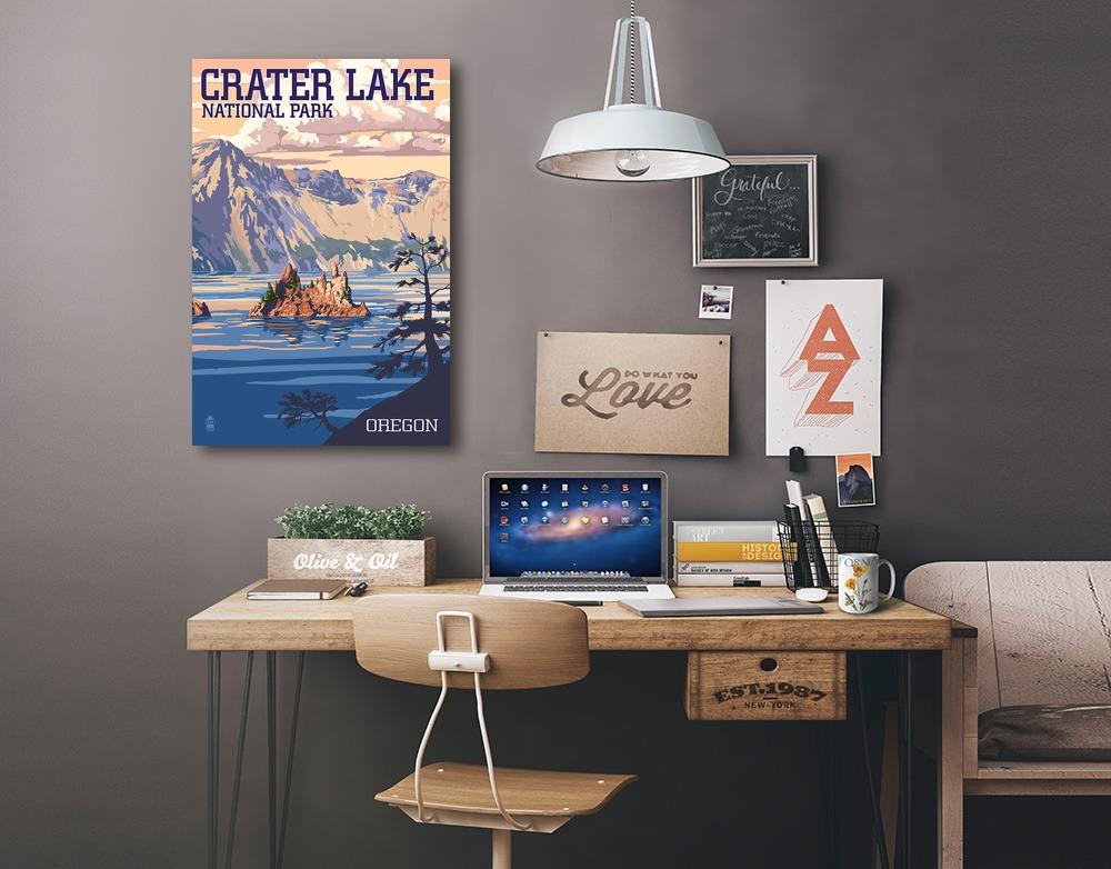 Crater Lake National Park, Oregon, Shoreline & Sunset, Painterly National Park Series, Lantern Press Artwork, Stretched Canvas Canvas Lantern Press 