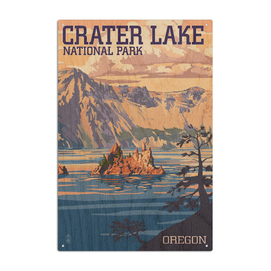Crater Lake National Park, Oregon, Shoreline & Sunset, Painterly National Park Series, Lantern Press Artwork, Wood Signs and Postcards Wood Lantern Press 10 x 15 Wood Sign 