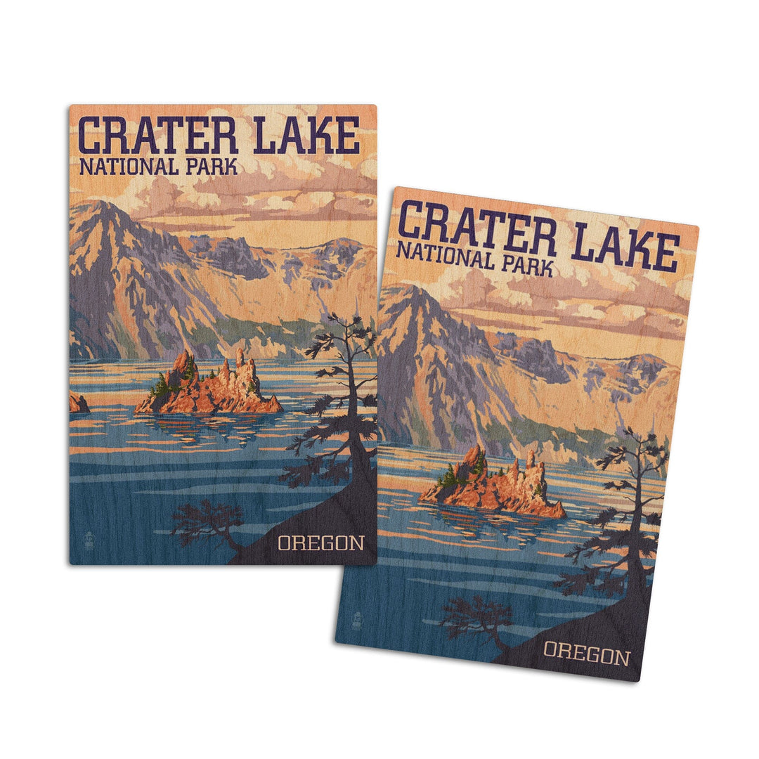 Crater Lake National Park, Oregon, Shoreline & Sunset, Painterly National Park Series, Lantern Press Artwork, Wood Signs and Postcards Wood Lantern Press 4x6 Wood Postcard Set 