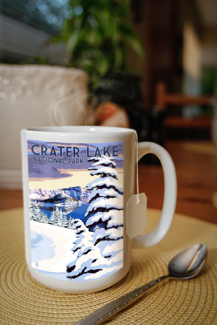 Crater Lake National Park, Oregon, Winter Scene, Painterly National Park Series, Lantern Press Artwork, Ceramic Mug Lifestyle-Mug Lantern Press 