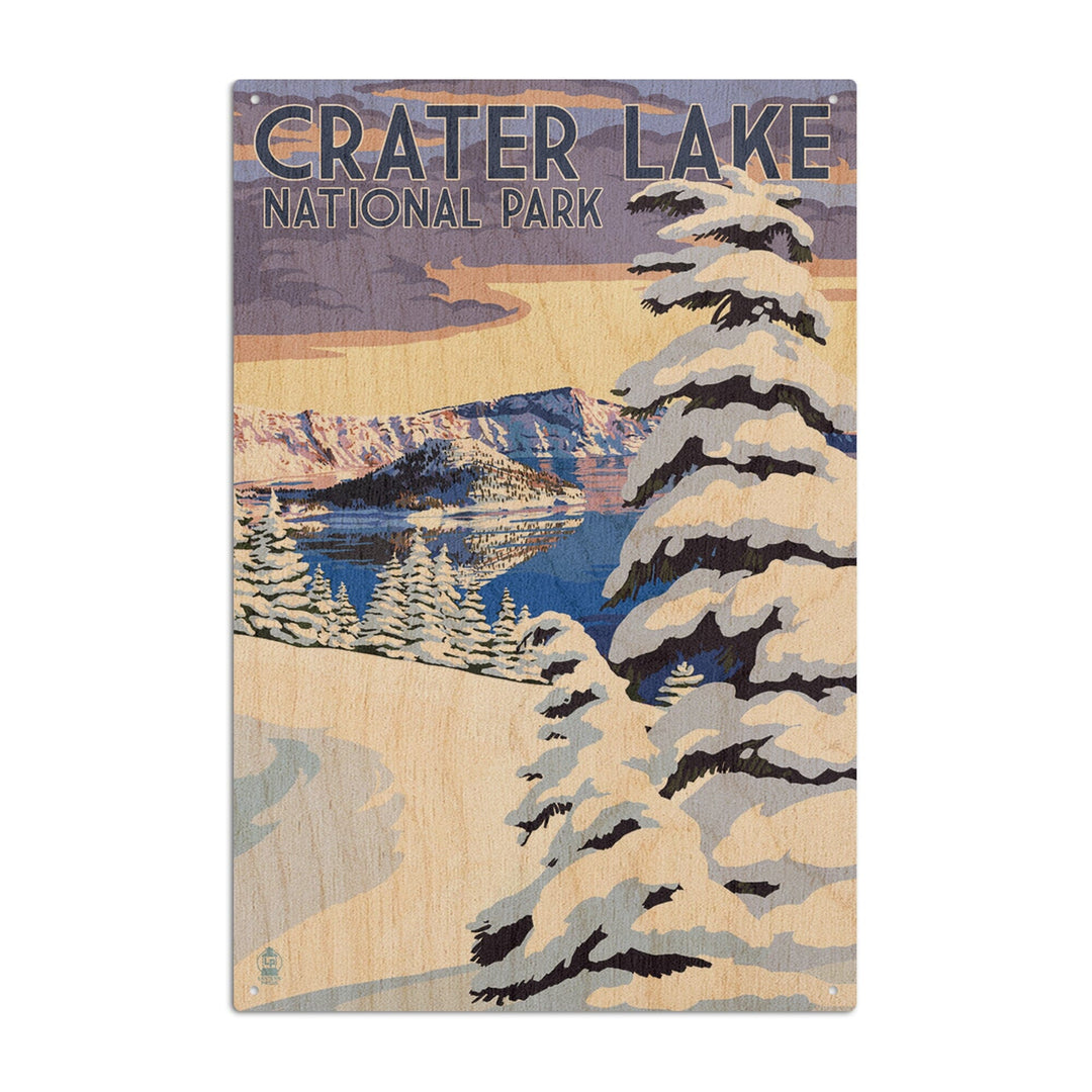 Crater Lake National Park, Oregon, Winter Scene, Painterly National Park Series, Lantern Press Artwork, Wood Signs and Postcards Wood Lantern Press 10 x 15 Wood Sign 