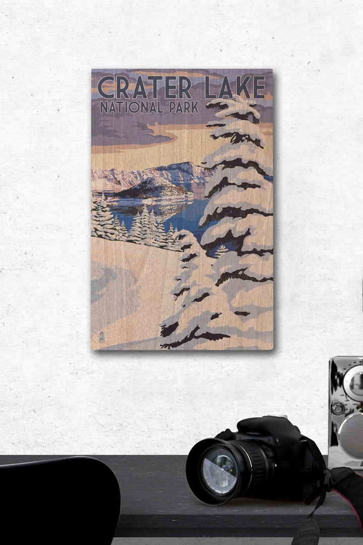Crater Lake National Park, Oregon, Winter Scene, Painterly National Park Series, Lantern Press Artwork, Wood Signs and Postcards Wood Lantern Press 12 x 18 Wood Gallery Print 