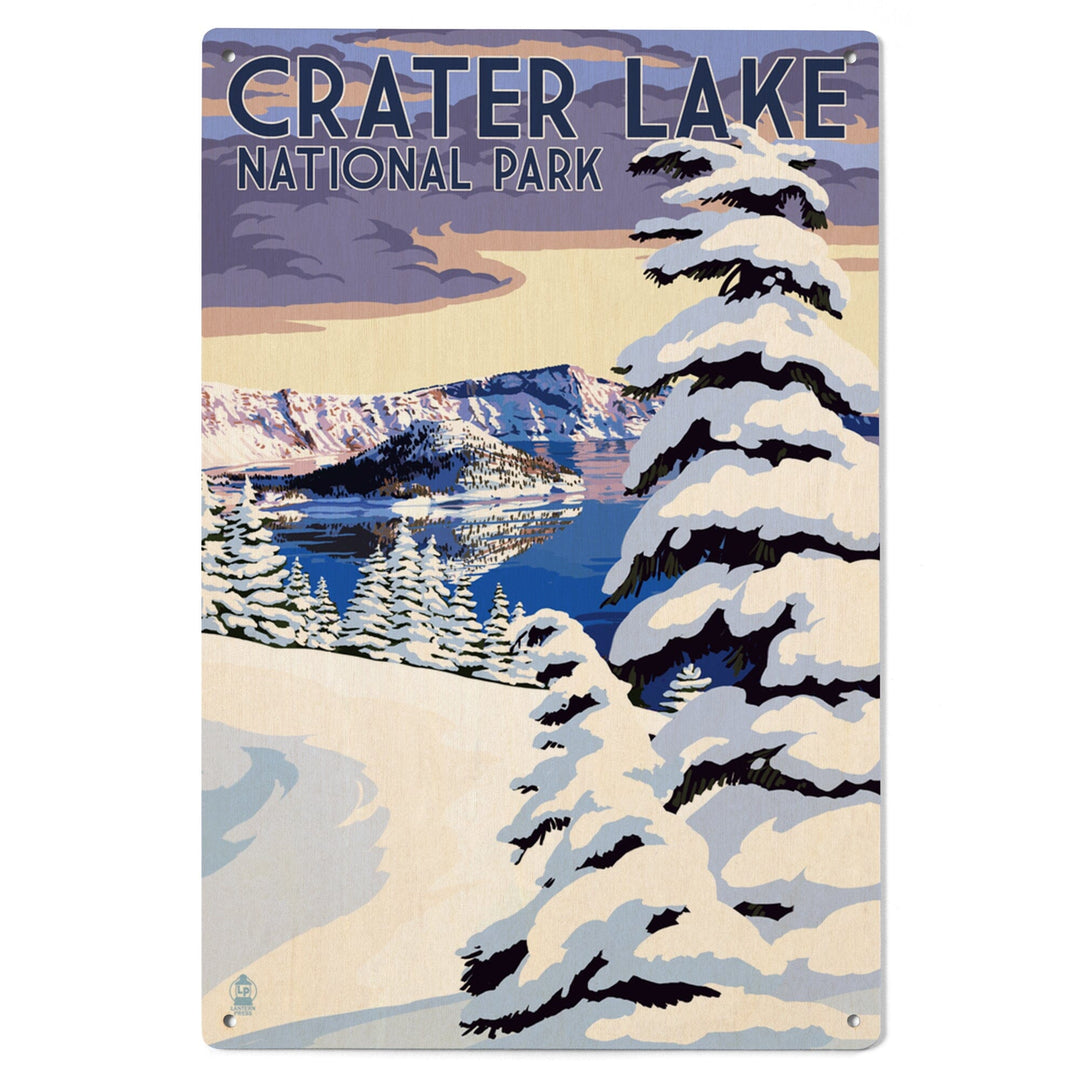Crater Lake National Park, Oregon, Winter Scene, Painterly National Park Series, Lantern Press Artwork, Wood Signs and Postcards Wood Lantern Press 