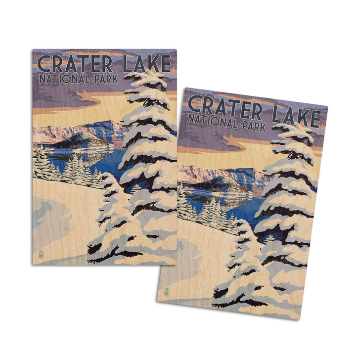 Crater Lake National Park, Oregon, Winter Scene, Painterly National Park Series, Lantern Press Artwork, Wood Signs and Postcards Wood Lantern Press 4x6 Wood Postcard Set 