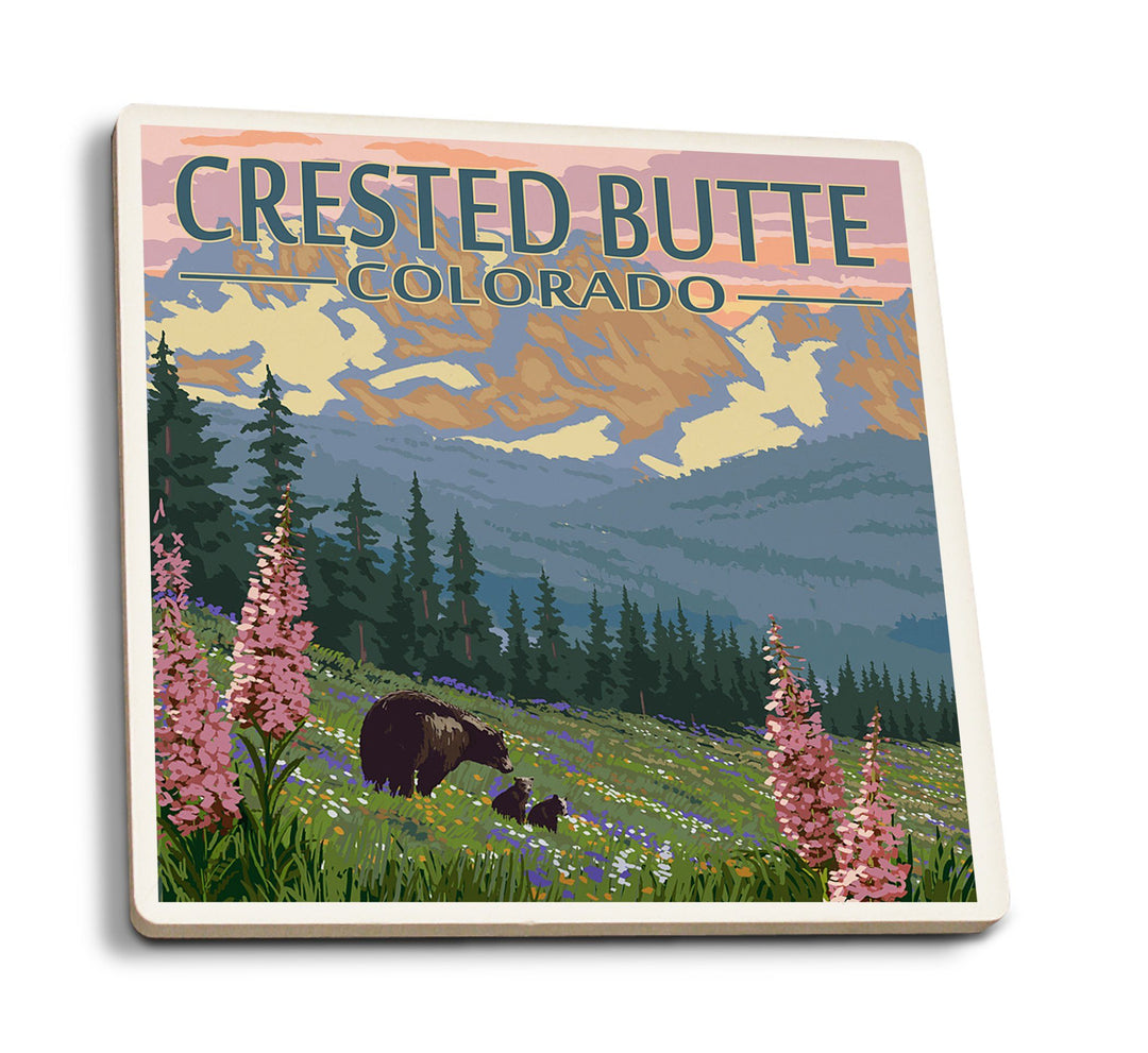 Crested Butte, Colorado, Bear and Cubs with Flowers, Lantern Press Artwork, Coaster Set Coasters Lantern Press 