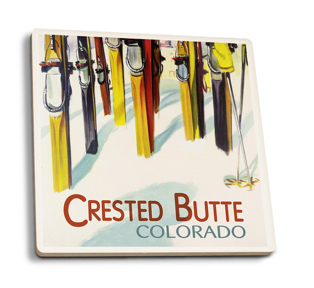 Crested Butte, Colorado, Colorful Skis, V2, Lantern Press Artwork, Coaster Set Coasters Lantern Press 