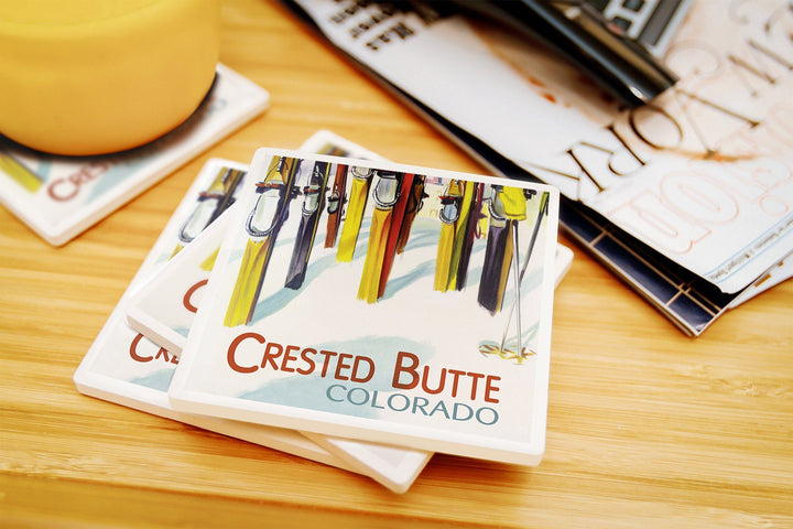 Crested Butte, Colorado, Colorful Skis, V2, Lantern Press Artwork, Coaster Set Coasters Lantern Press 