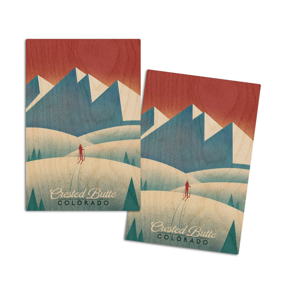 Crested Butte, Colorado, Skier In the Mountains, Litho, Lantern Press Artwork, Wood Signs and Postcards Wood Lantern Press 4x6 Wood Postcard Set 