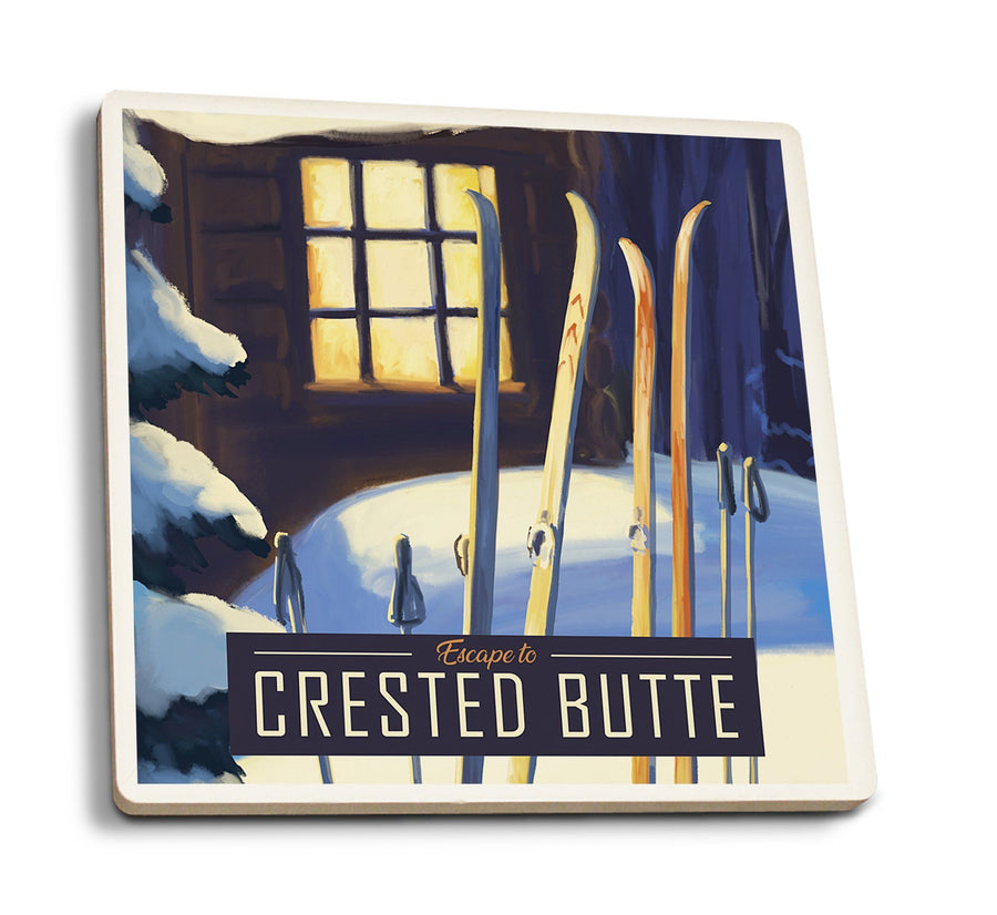 Crested Butte, Colorado, skis in snow, Lantern Press Artwork, Coaster Set Coasters Lantern Press 