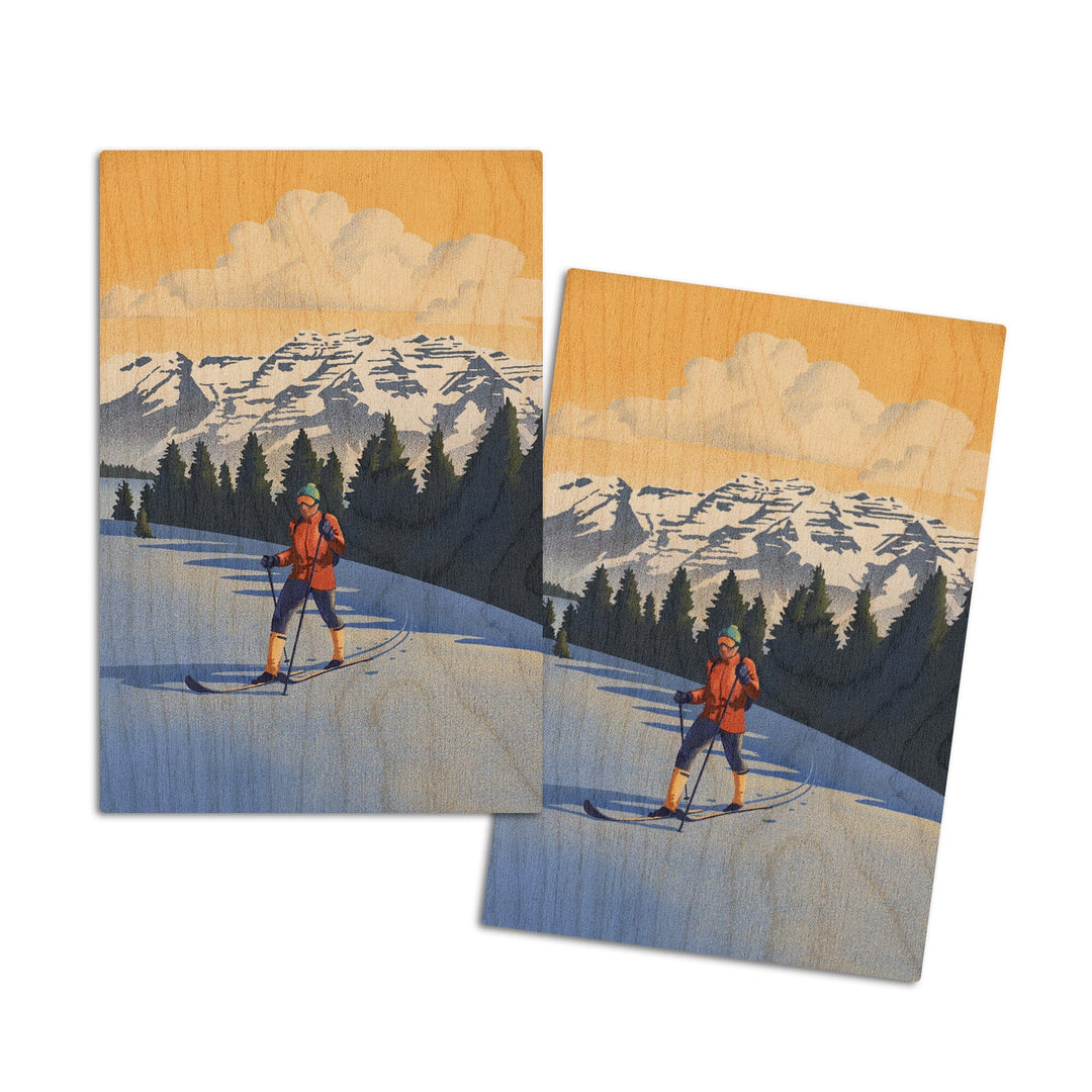 Cross Country Skier, Litho, Lantern Press Artwork, Wood Signs and Postcards Wood Lantern Press 4x6 Wood Postcard Set 