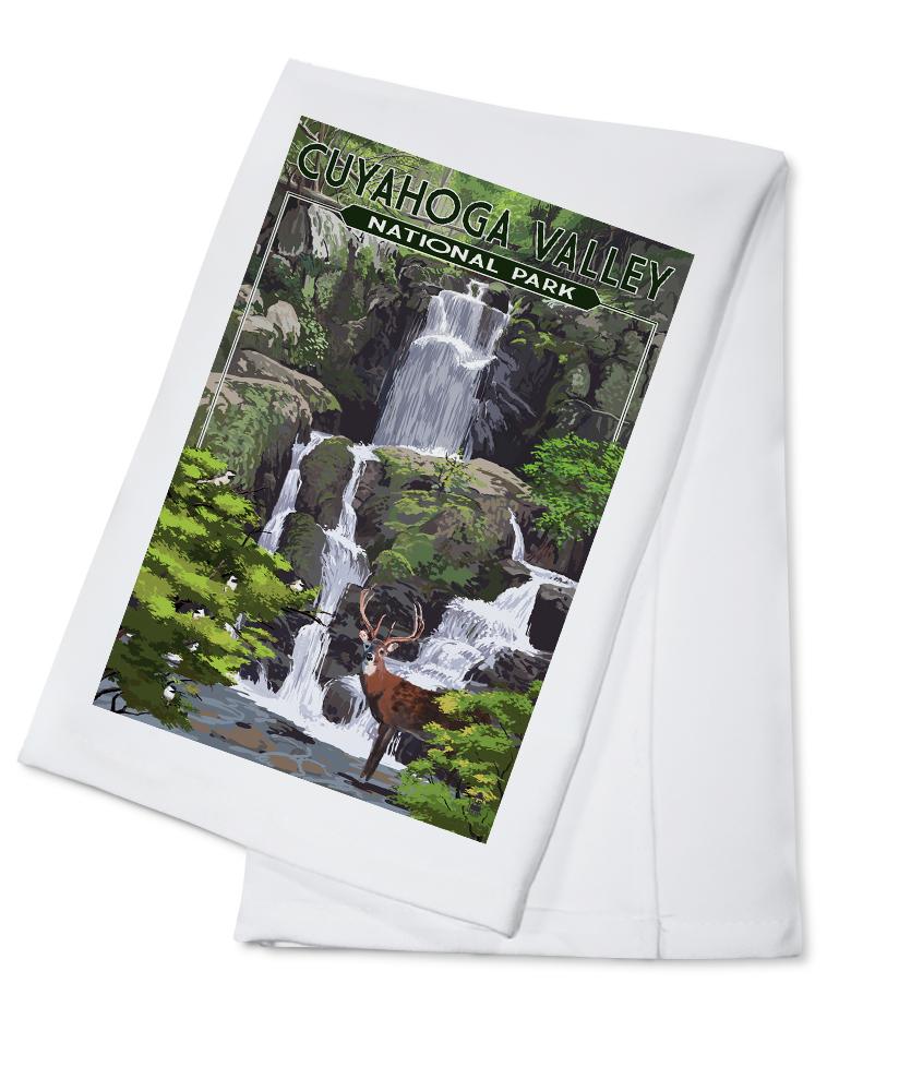 Cuyahoga Valley National Park, Ohio, Deer and Falls, Painterly Series, Lantern Press Artwork, Towels and Aprons Kitchen Lantern Press Cotton Towel 