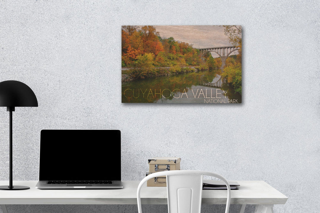 Cuyahoga Valley National Park, Ohio, Fall Foliage & Bridge, Lantern Press Photography, Wood Signs and Postcards Wood Lantern Press 12 x 18 Wood Gallery Print 
