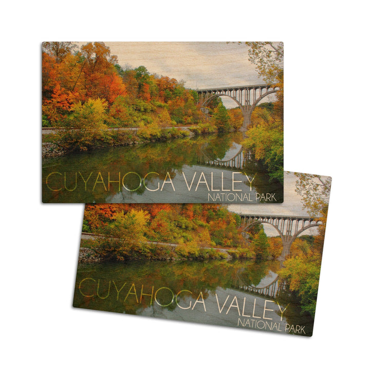 Cuyahoga Valley National Park, Ohio, Fall Foliage & Bridge, Lantern Press Photography, Wood Signs and Postcards Wood Lantern Press 4x6 Wood Postcard Set 