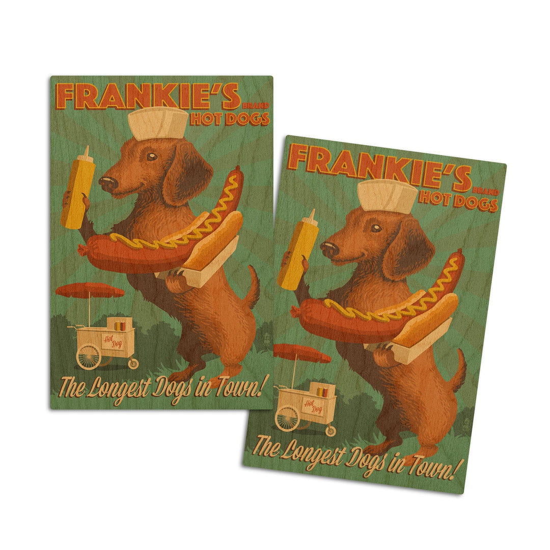 Dachshund, Retro Hotdog Ad, Lantern Press Artwork, Wood Signs and Postcards Wood Lantern Press 4x6 Wood Postcard Set 