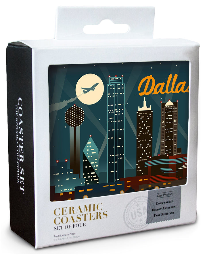 Dallas, Texas, Retro Skyline, Lantern Press Artwork, Coaster Set Coasters Lantern Press 
