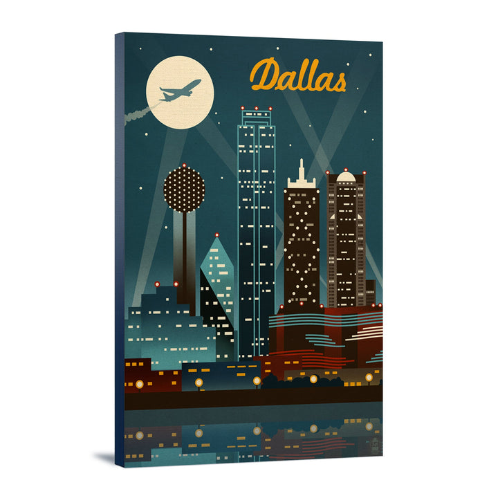 Dallas, Texas, Retro Skyline, Lantern Press Artwork, Stretched Canvas Canvas Lantern Press 12x18 Stretched Canvas 