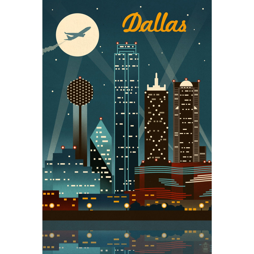 Dallas, Texas, Retro Skyline, Lantern Press Artwork, Stretched Canvas Canvas Lantern Press 