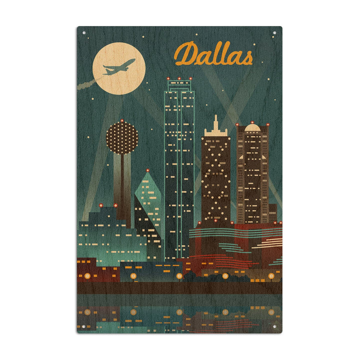 Dallas, Texas, Retro Skyline, Lantern Press Artwork, Wood Signs and Postcards Wood Lantern Press 10 x 15 Wood Sign 