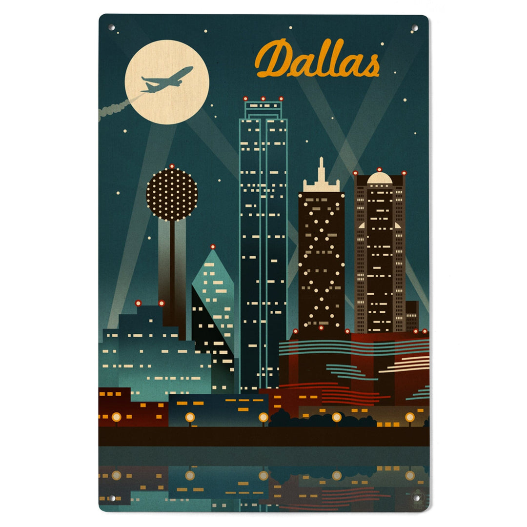 Dallas, Texas, Retro Skyline, Lantern Press Artwork, Wood Signs and Postcards Wood Lantern Press 
