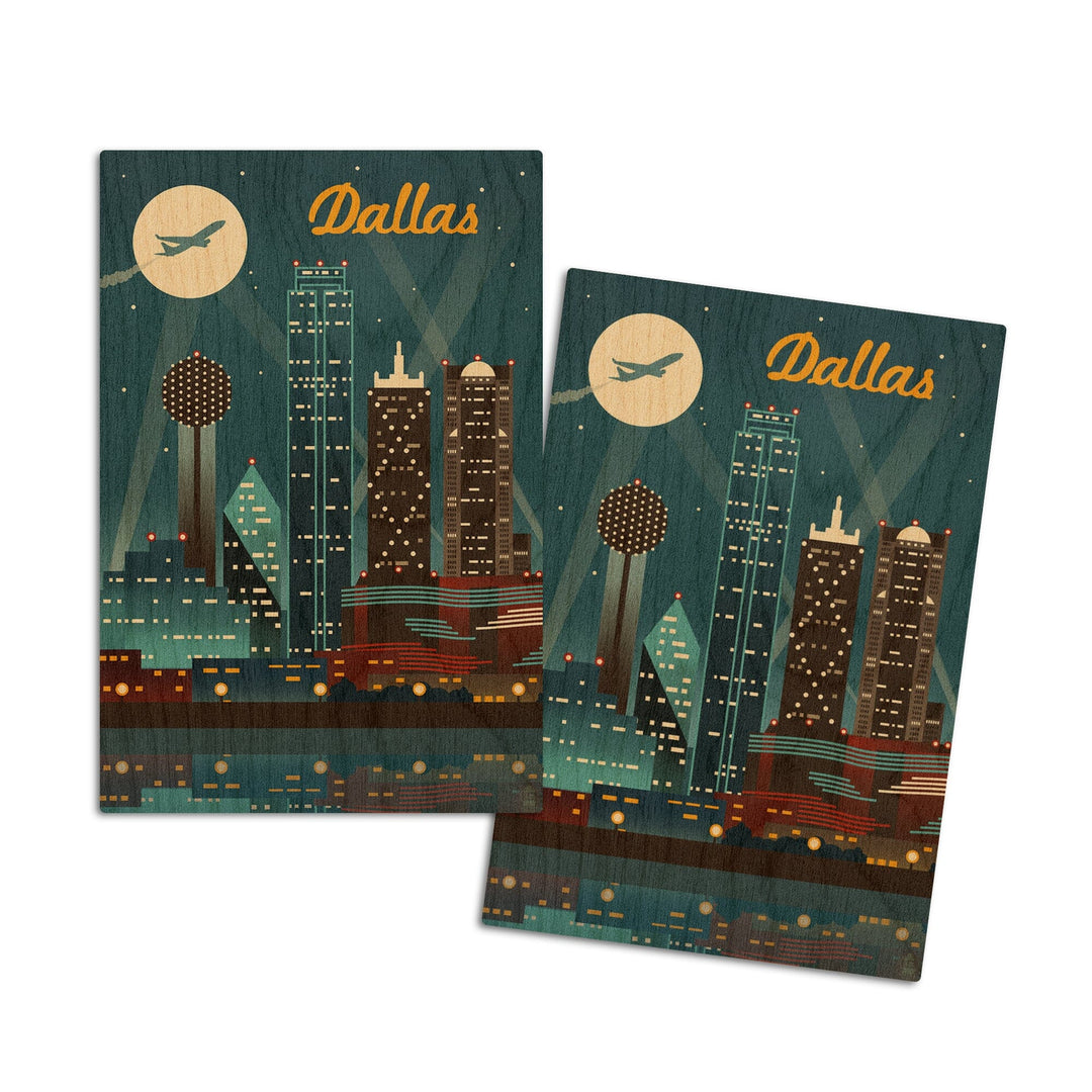 Dallas, Texas, Retro Skyline, Lantern Press Artwork, Wood Signs and Postcards Wood Lantern Press 4x6 Wood Postcard Set 