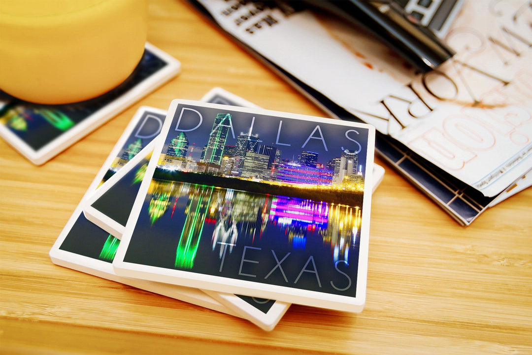 Dallas, Texas, Skyline at Night, Lantern Press Photography, Coaster Set Coasters Lantern Press 
