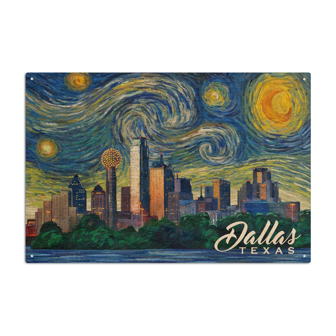 Dallas, Texas, Starry Night City Series, Lantern Press Artwork, Wood Signs and Postcards Wood Lantern Press 10 x 15 Wood Sign 