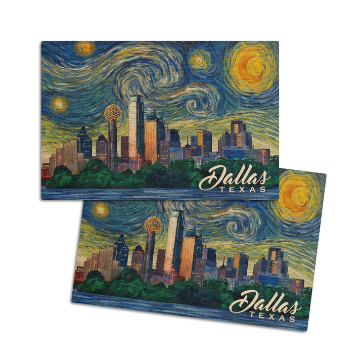 Dallas, Texas, Starry Night City Series, Lantern Press Artwork, Wood Signs and Postcards Wood Lantern Press 4x6 Wood Postcard Set 