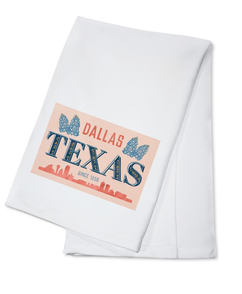 Dallas, Texas, Whimsy City Collection, Skyline and State Flowers, Towels and Aprons Kitchen Lantern Press 