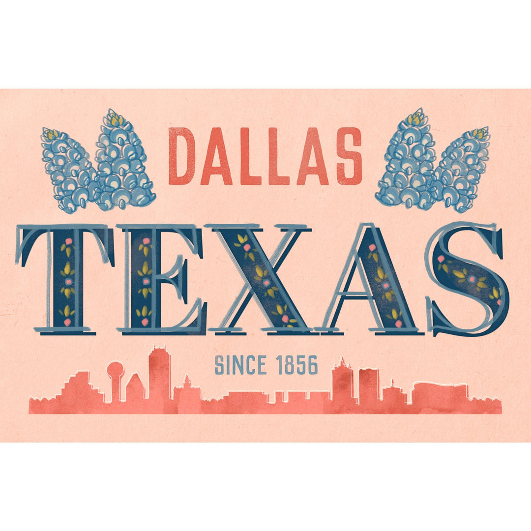 Dallas, Texas, Whimsy City Collection, Skyline and State Flowers, Towels and Aprons Kitchen Lantern Press 
